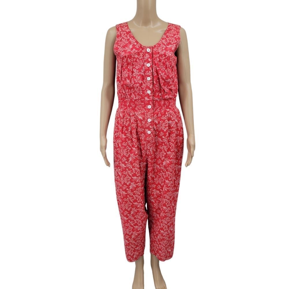 Joni Blair Vintage Jumpsuit Red White Florals Cropped Fit Button Front
